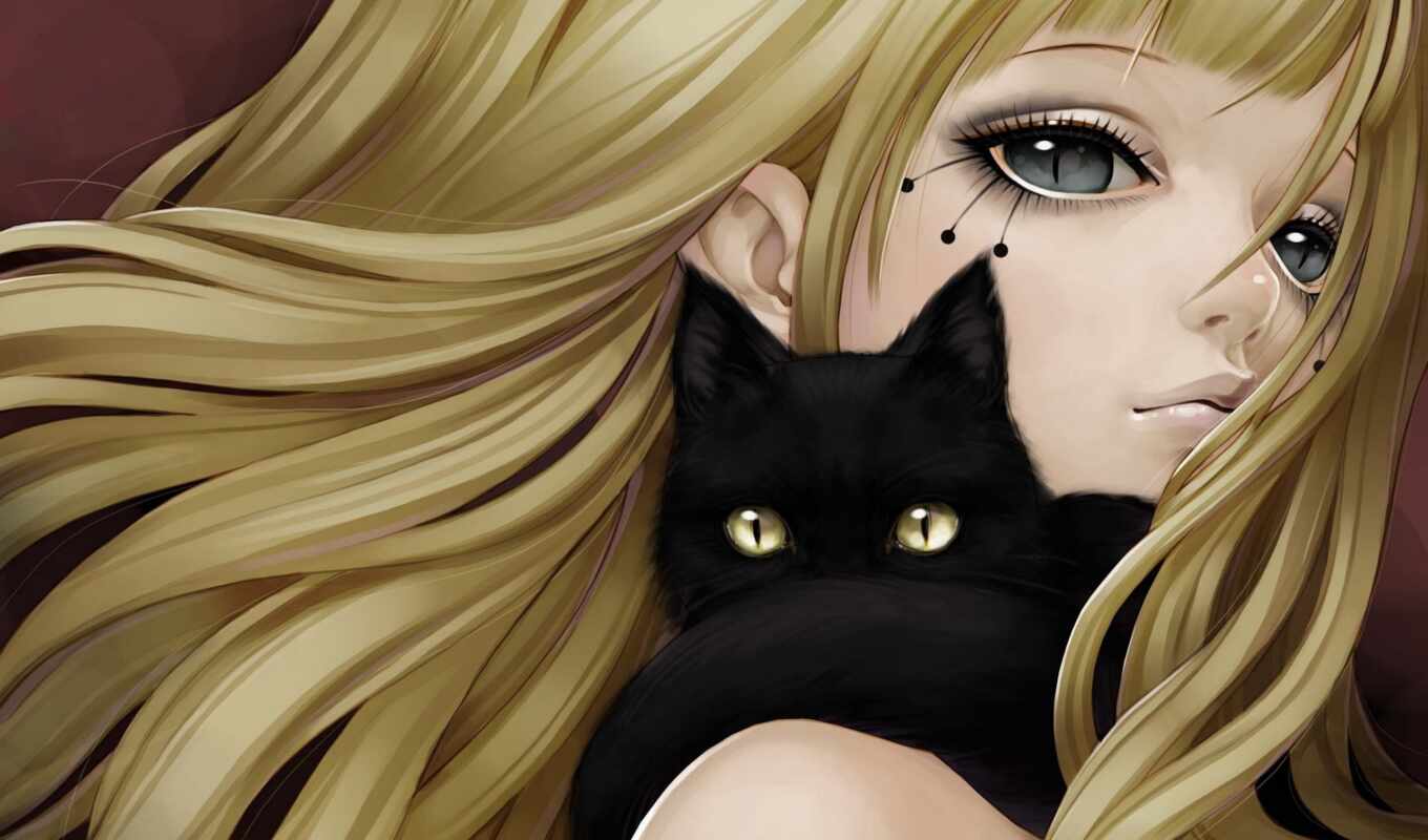 art, black, girl, anime, cat