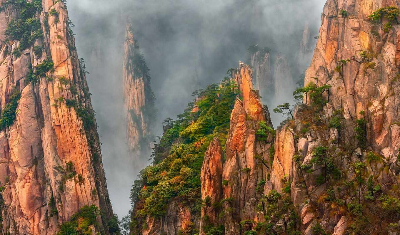 mountain, rock, fog