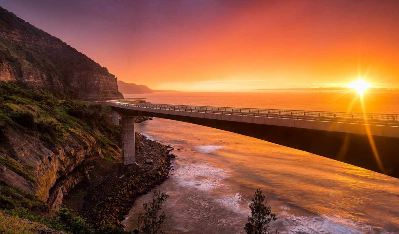 закат, мост, море, cliff