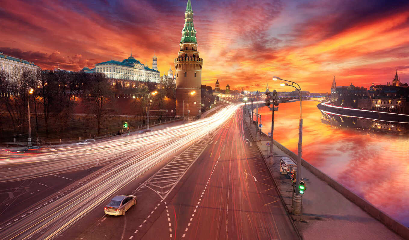 закат, москва, кремль, обработка, город, москве, 
