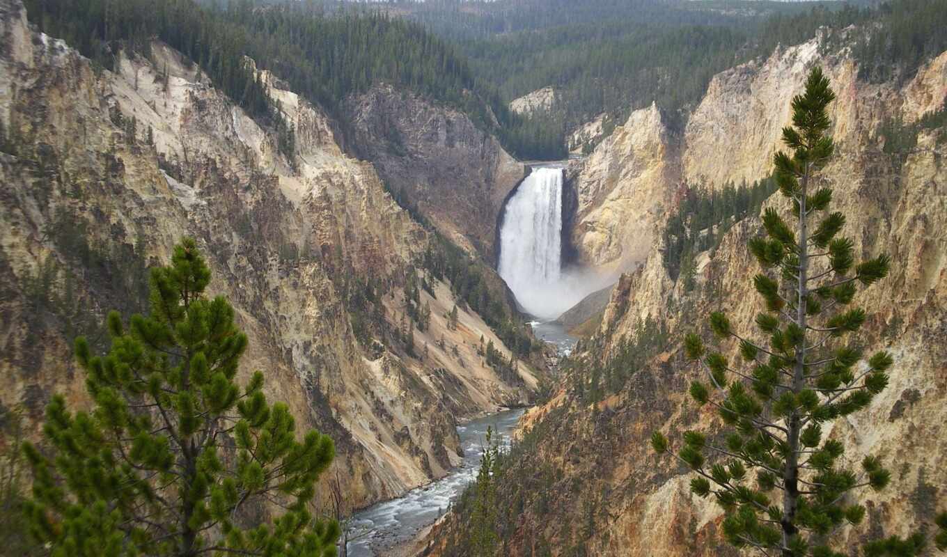 park, водопад, falls, national, yellowstone, lower, горы