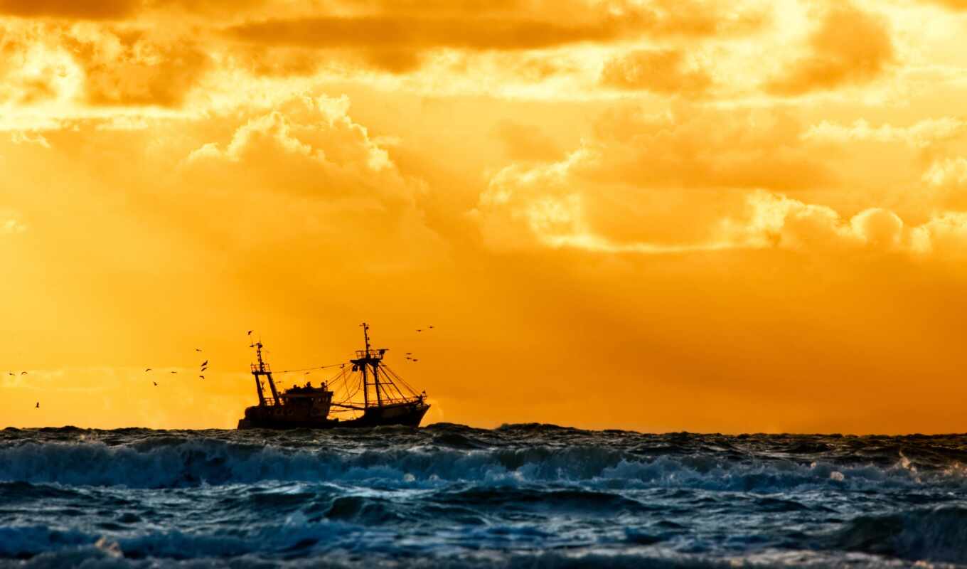 sunset, ship, sea, pic