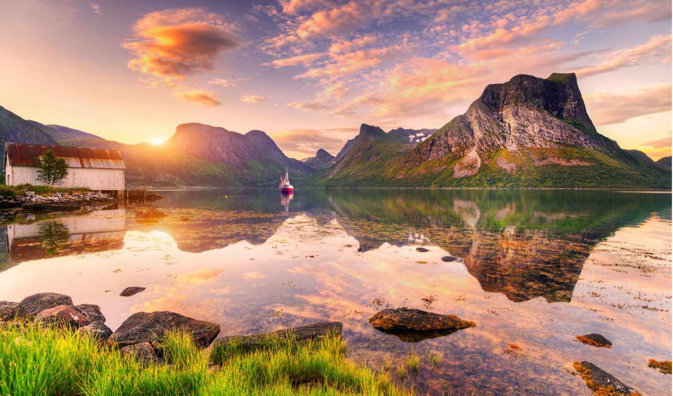 lake, sunset, landscape, island, cloud, a boat, Norway, tarn, ed, ring cycle, pazlyi