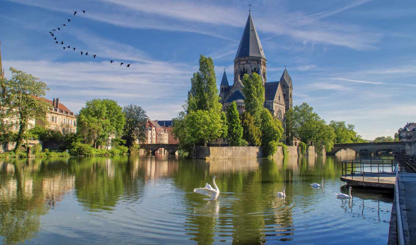 lake, city, temple, France, strasbourg, swan, church, iphone, screensaver, vysokomzastavka
