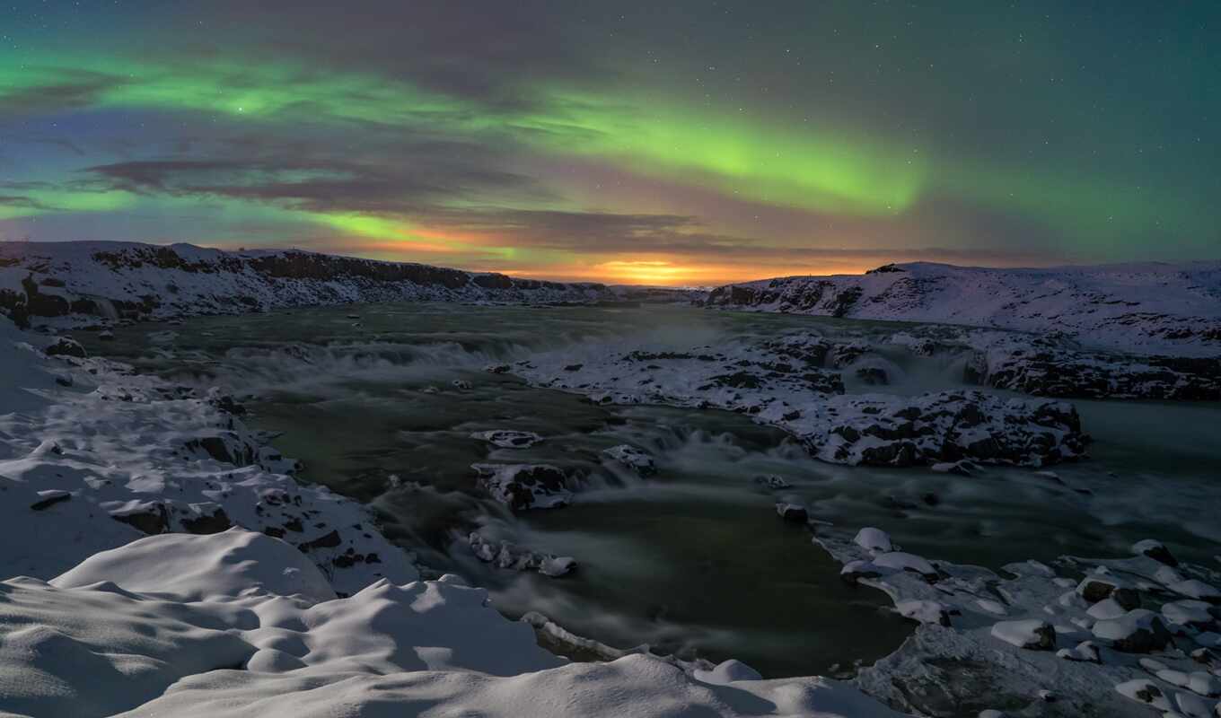 ice, night, water, mountain, lights, iceland, aurora, polar, northern, borealis, urridafoss