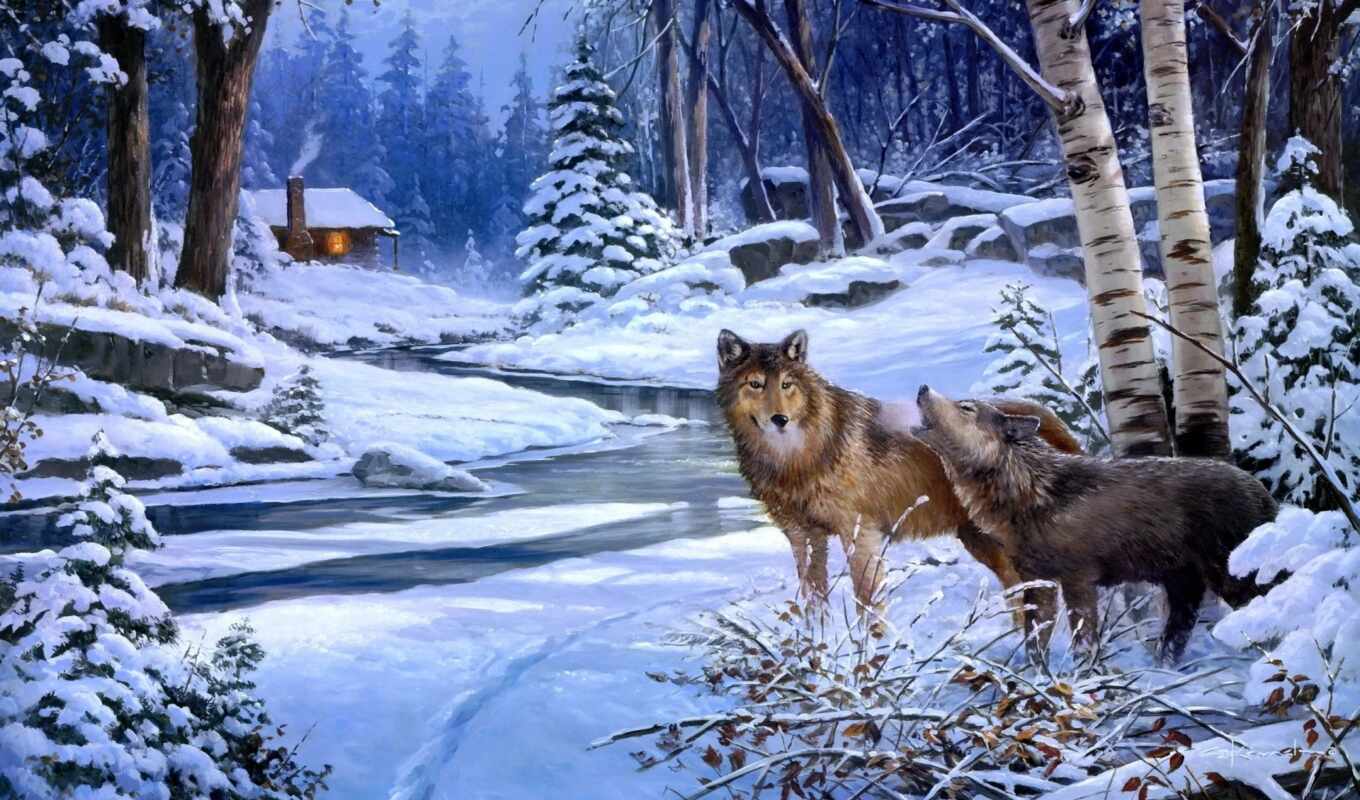winter, landscape, собака, волк