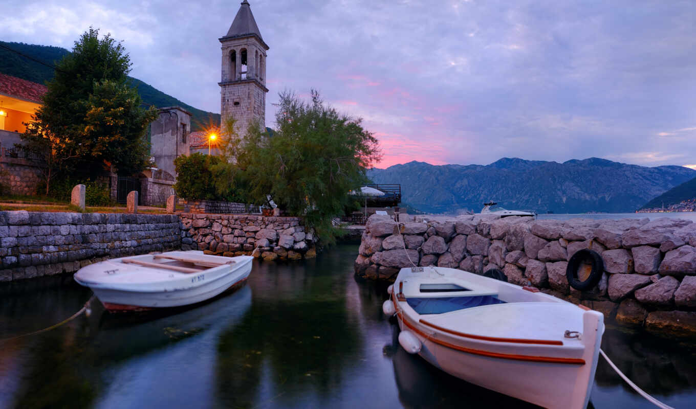 photo, water, street, evening, landscape, res, lighting, a boat, premium, Montenegro, getty