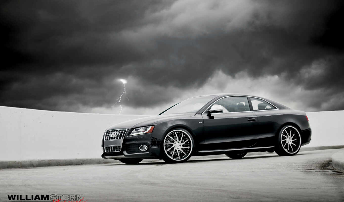 sky, gray, clouds, audi, coupe, disk, parking space