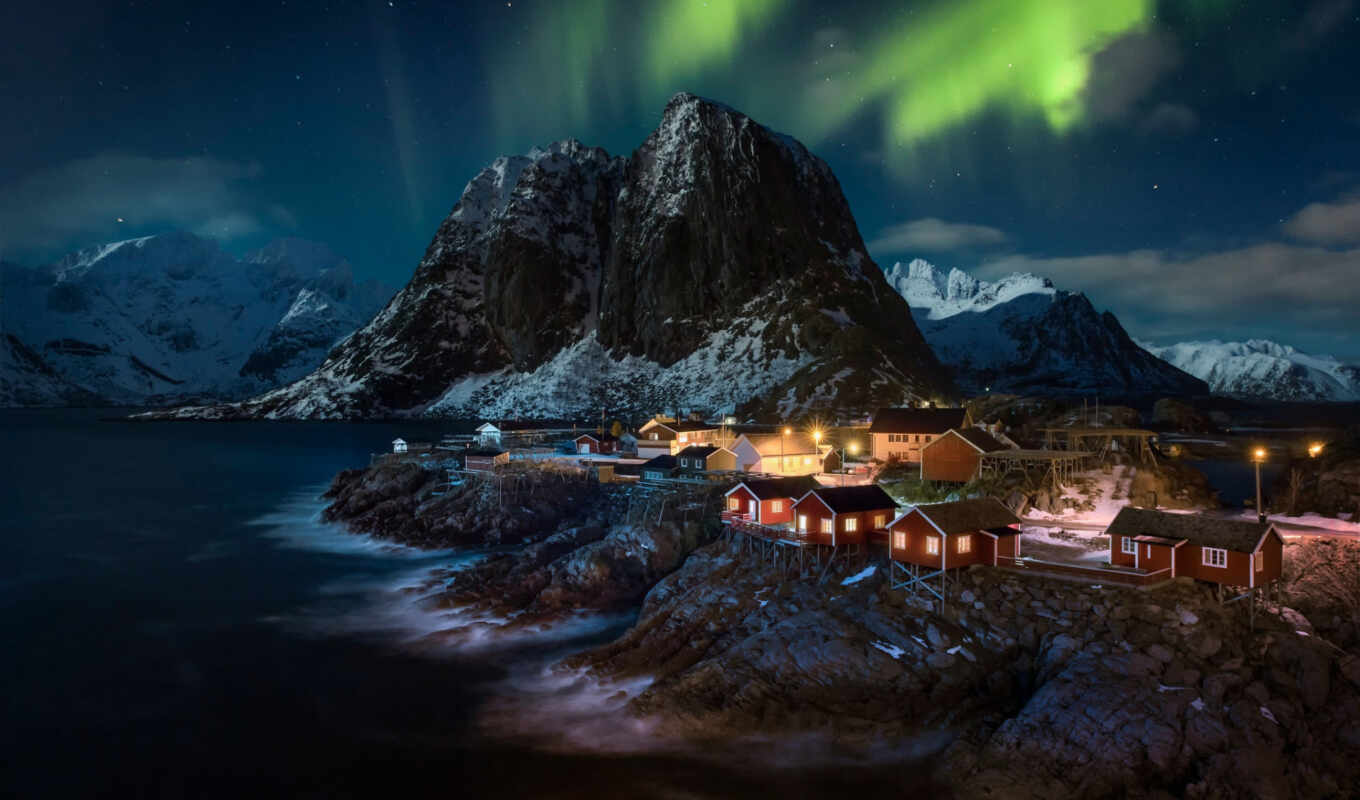 ночь, гора, огни, остров, fish, деревня, норвегия, изба, northern, lofoten, hamnoy