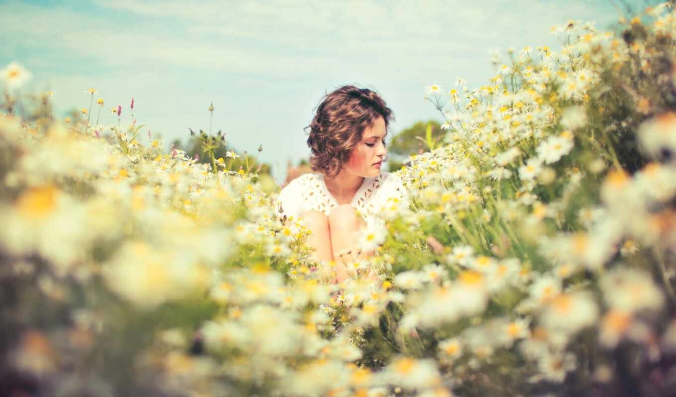 girl, summer, sun, field, mood, daisies