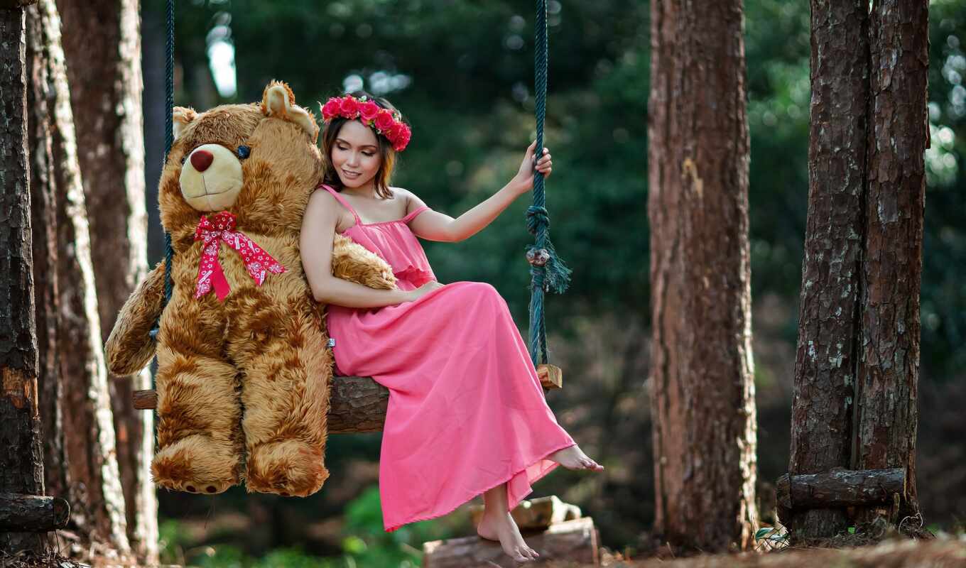 girl, pink, bear, teddy