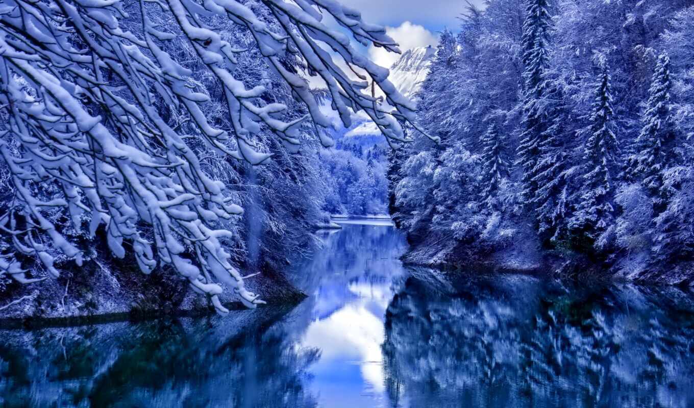 озеро, blue, дерево, снег, winter, cover, река, fore, slate