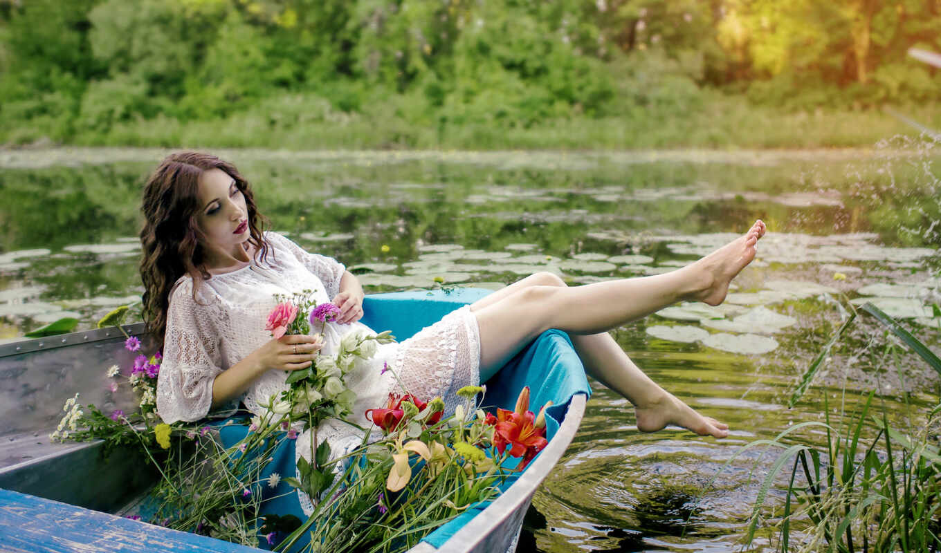 озеро, природа, цветы, девушка, лодка, oir