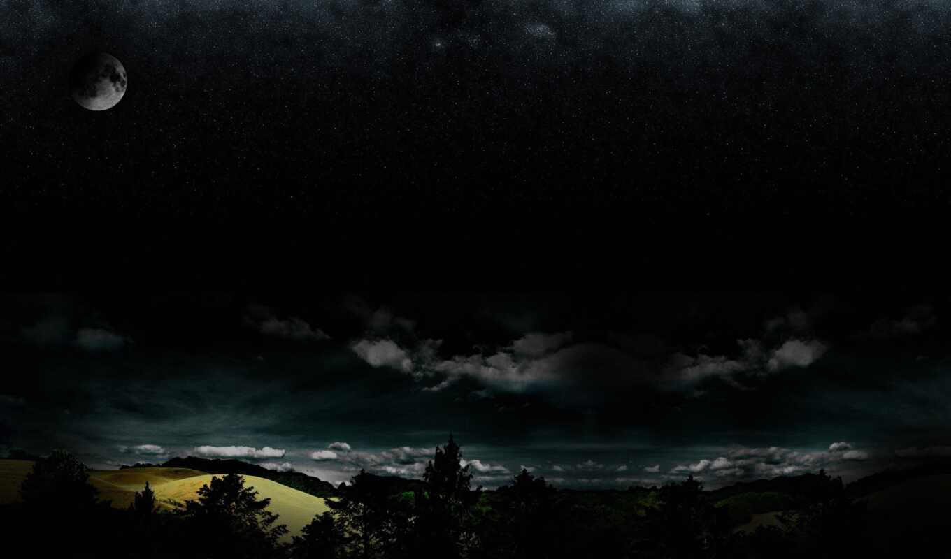 ночь, лес, darkness, oblaka, звезды, полнолуние