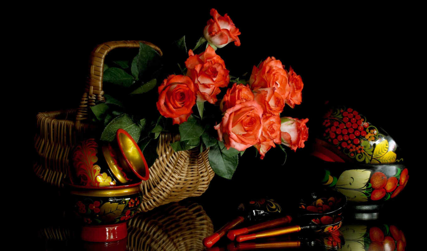 patterns, Russian, roses, basket, bouquet, cvety, hohlom, dishes