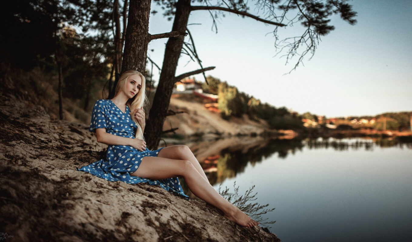 lake, nature, blue, woman, tree, water, far away, dress, see, sit, outdoors
