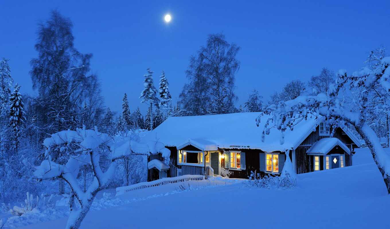 house, ночь, луна, снег, winter, landscape, pin, trees, sweden