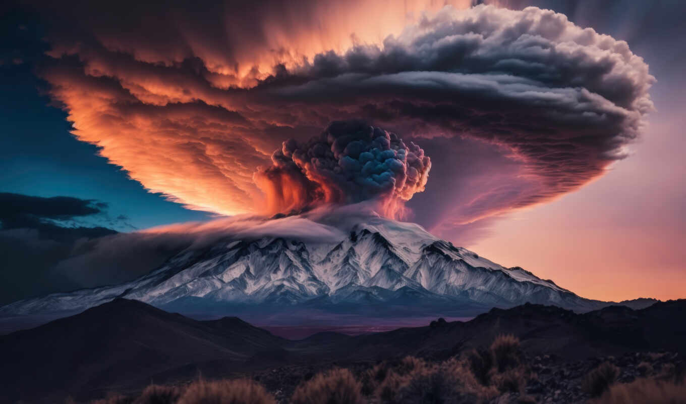 природа, art, зонтик, вулкан, извержение, вулкан