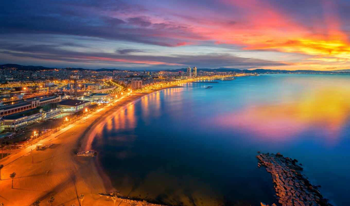 sky, sun, sunset, city, beach, barcelona, Spain, panorama, grass-snake