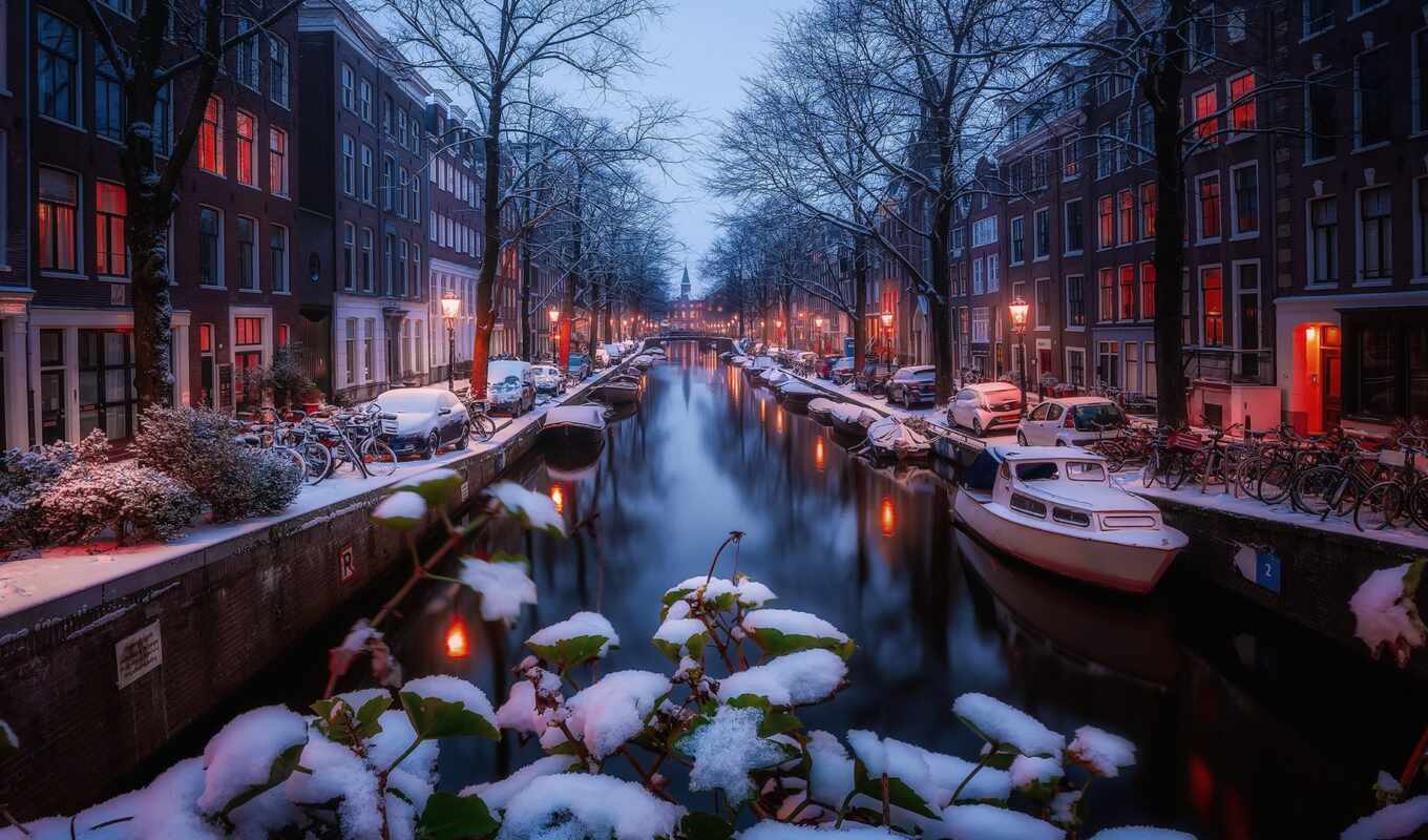 mobile, город, канал, снег, winter, amsterdam, нидерланды, утро