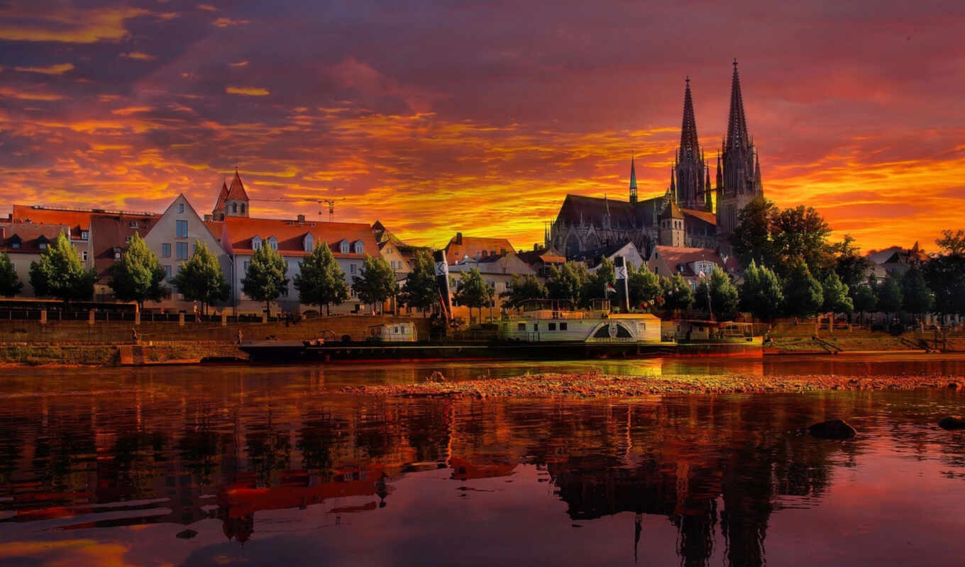 sunset, city, cities, landscape, Germany, regensburg