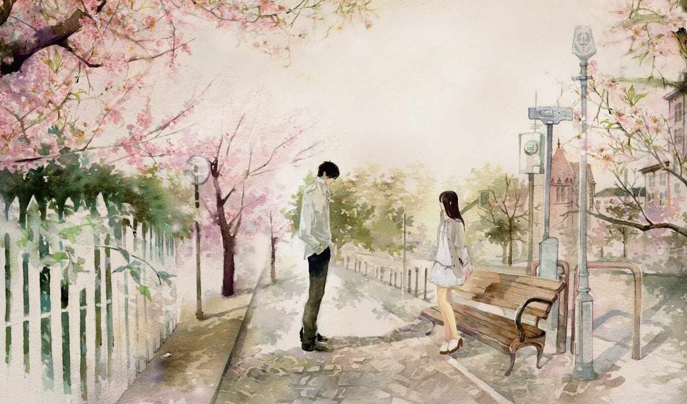 art, girl, love, city, guy, Sakura, drawing