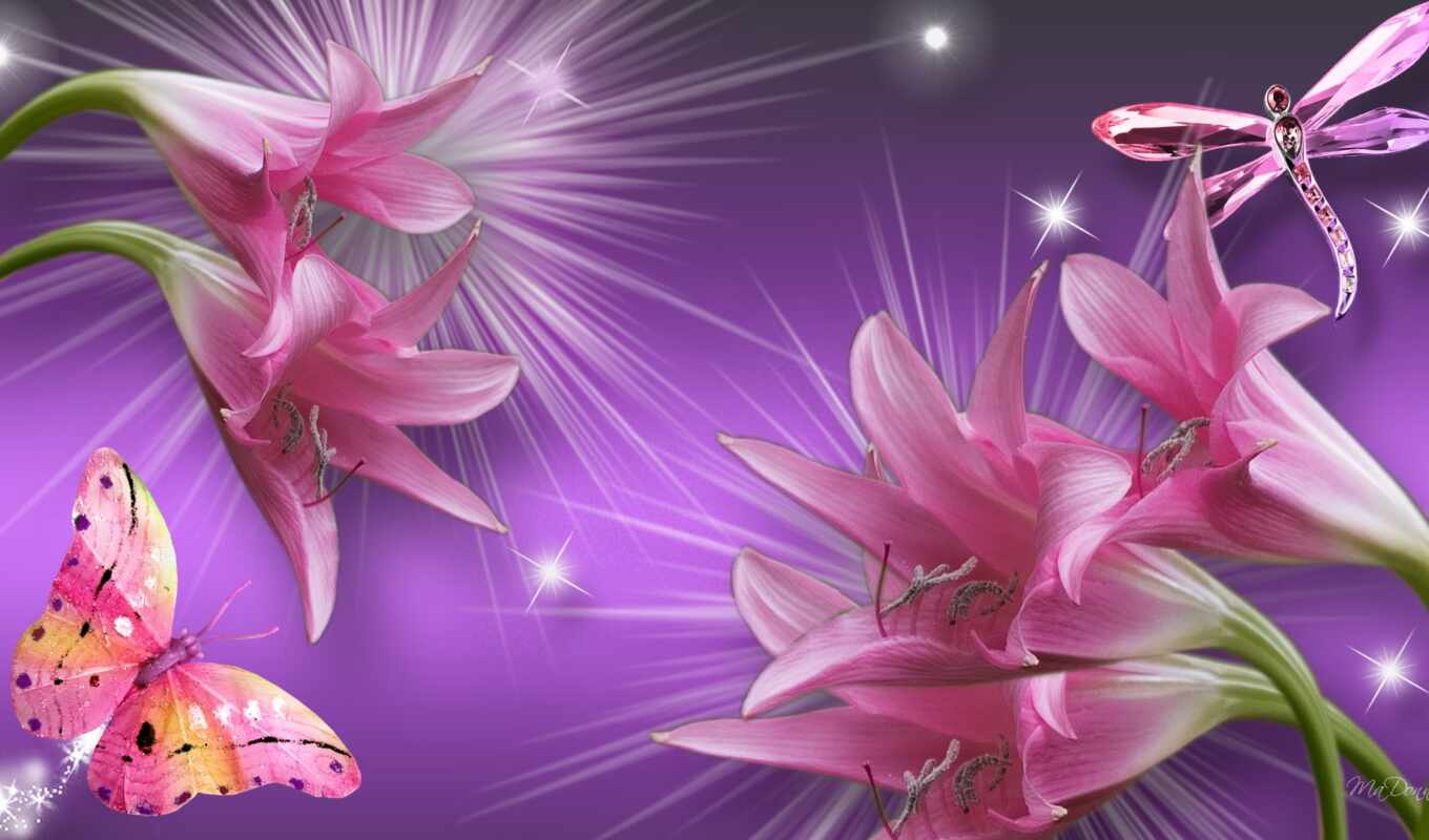 flowers, purple, butterfly, pink, dragonfly, lily, artistic, sparkle