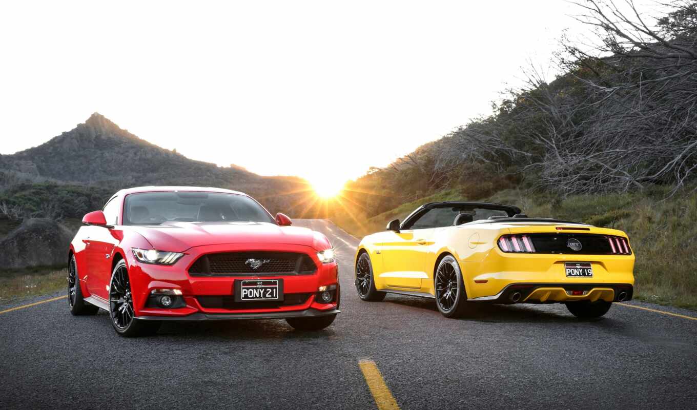 sun, red, дорога, have, car, ford, mustang, muscle, яркий, yellow