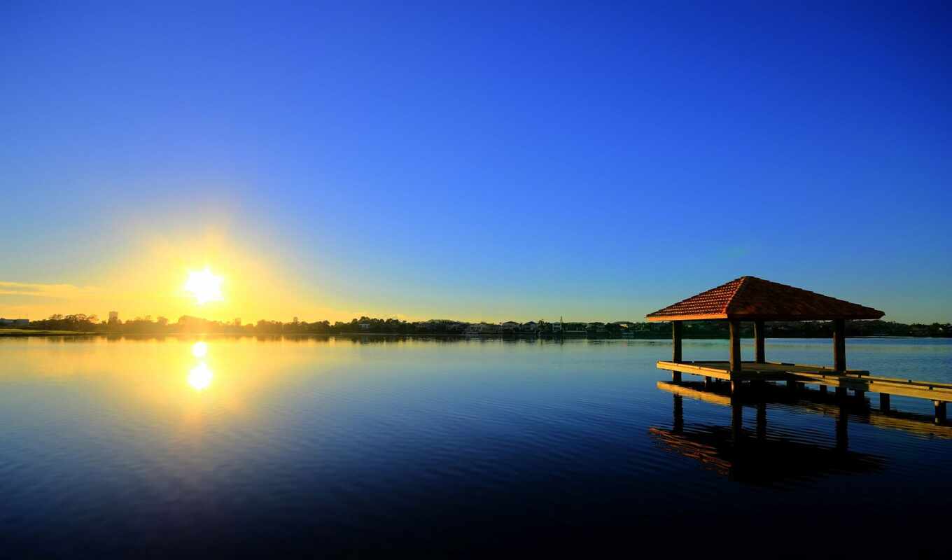 lake, water, sunrise