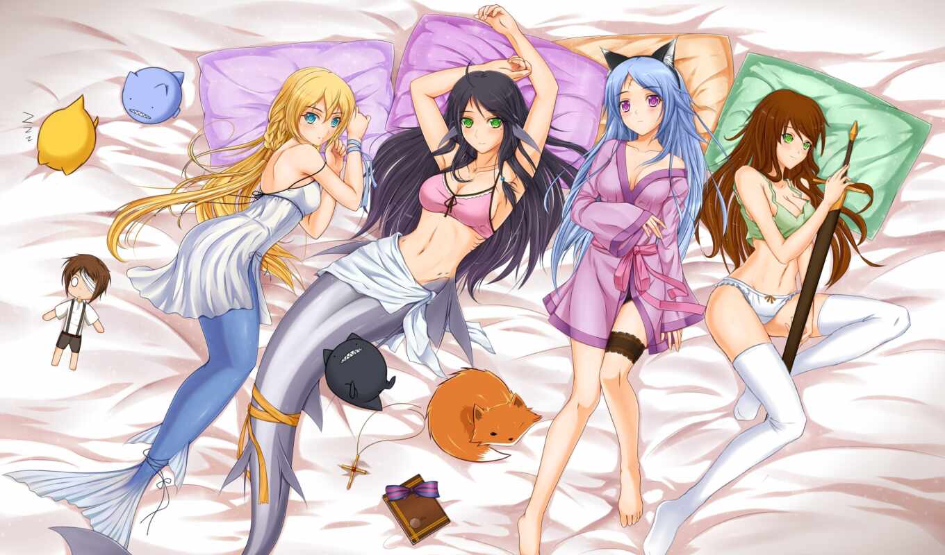 anime, девушки, фэнтези, подушки, русалки