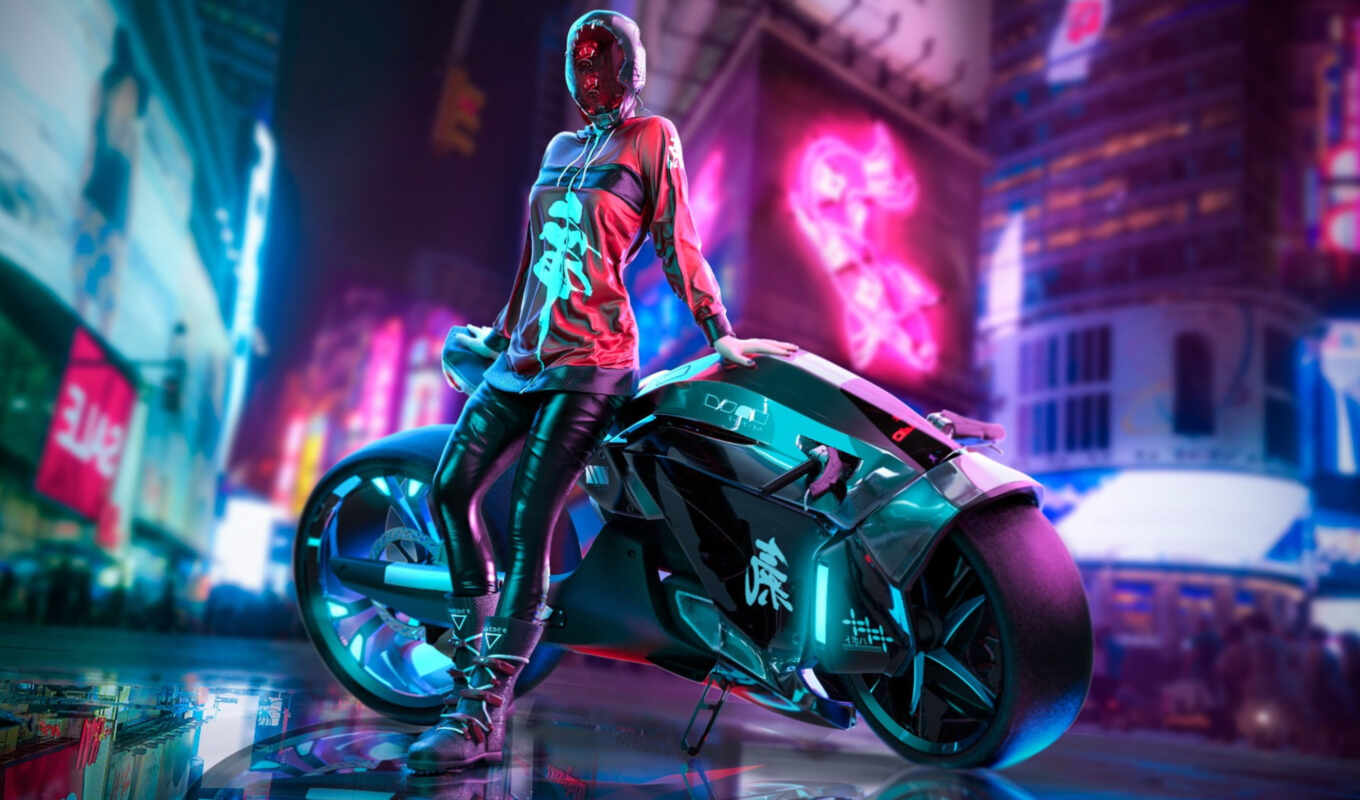 девушка, мотоцикл, смотреть, cyberpunk, futuristic