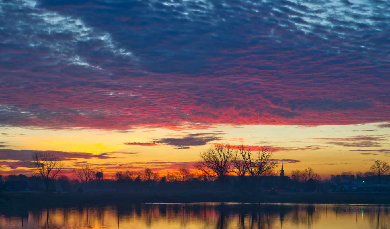 lake, nature, sky, fone, sunset, evening, USA, trees, cloud