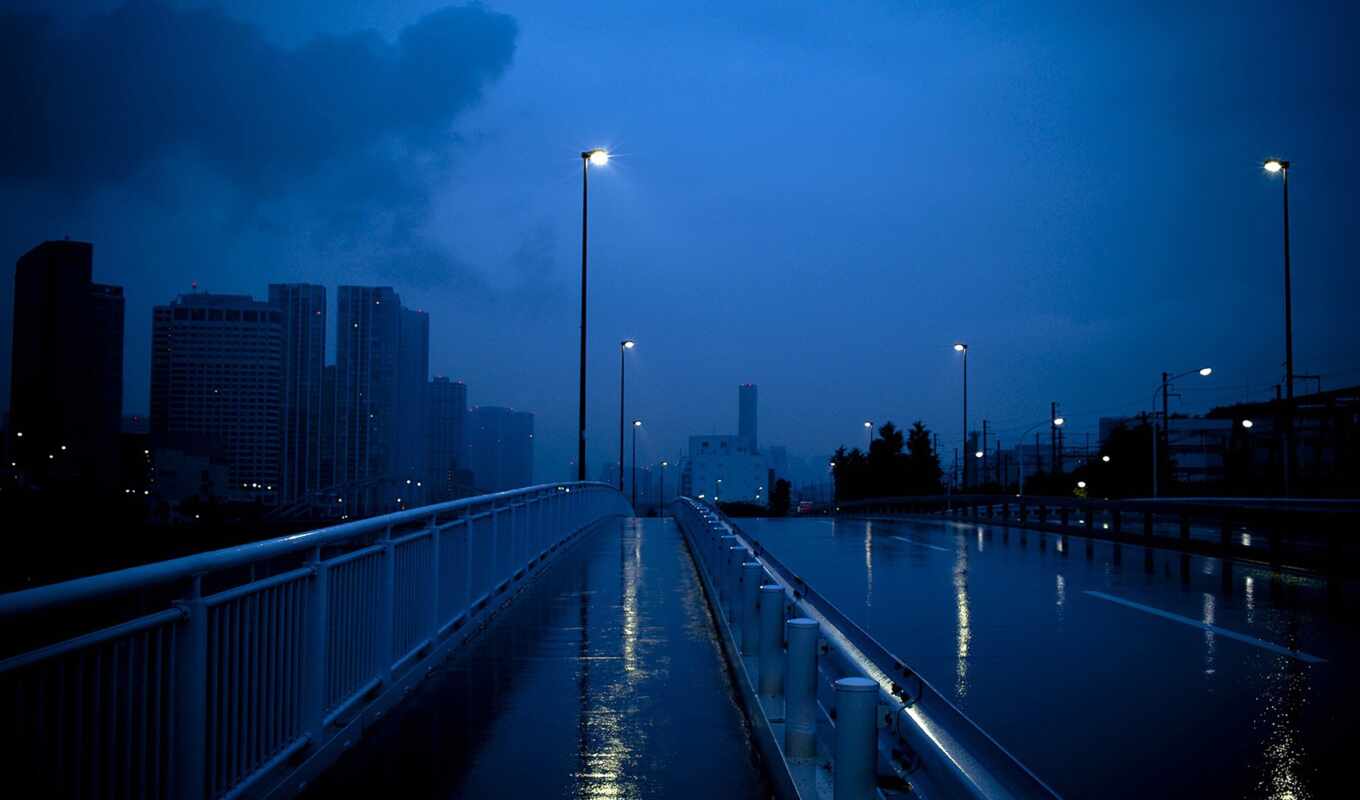 blue, дождь, город, мост, тема, dark, awesome, check, фонарик, aesthetic, tokio