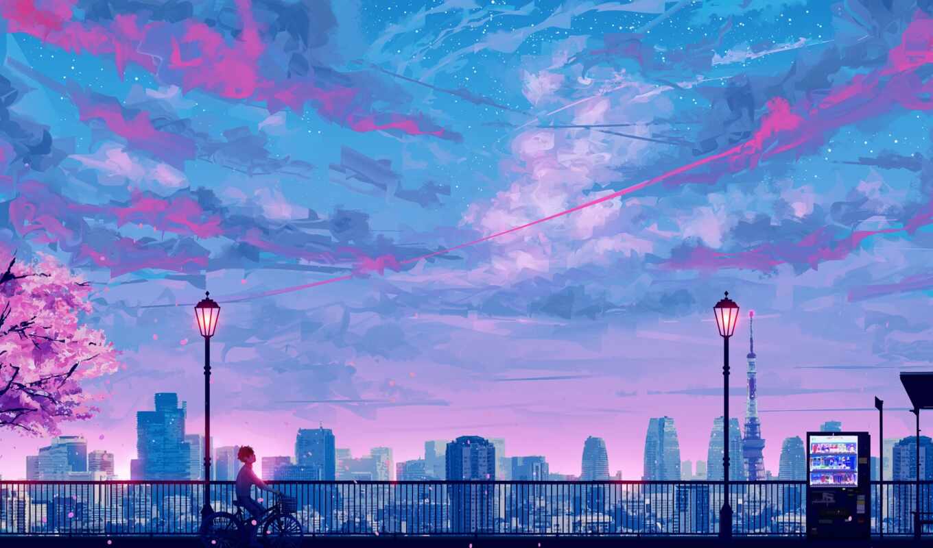 sky, anime, sunset, landscape, anim, test, spring, tram