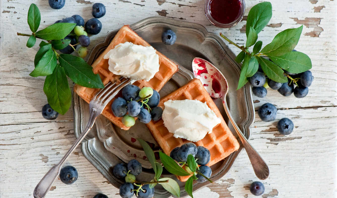 meal, picture, dessert, raspberry, pancakes, fork, waffles, blueberries, waffles