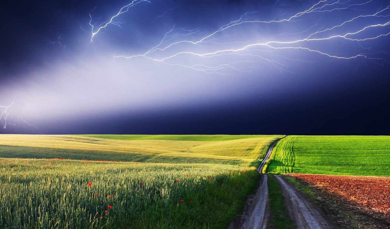 природа, небо, буря, погода, дорога, поле, landscape, lightning, пытаясь