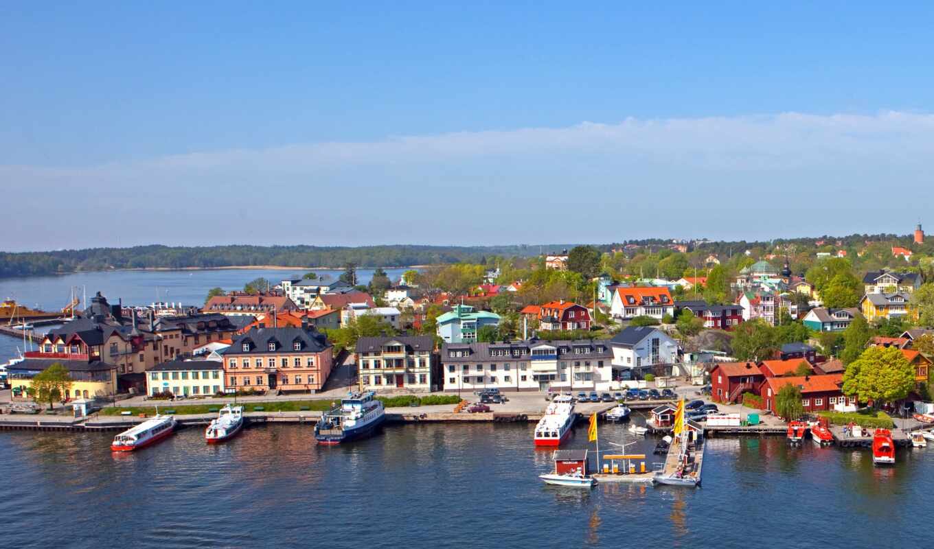 city, coast, sweden, pier, vaxholm