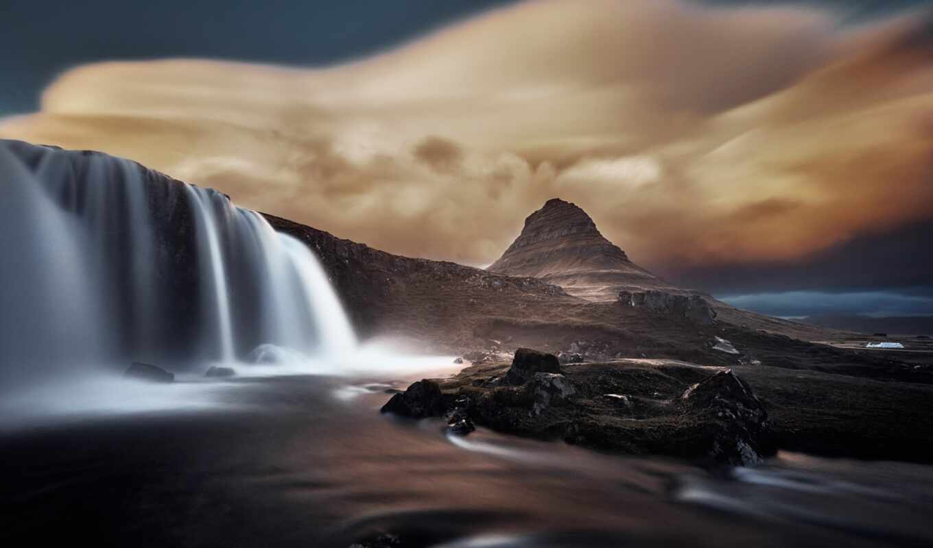 mountain, waterfall, iceland, subject, kirkjufell