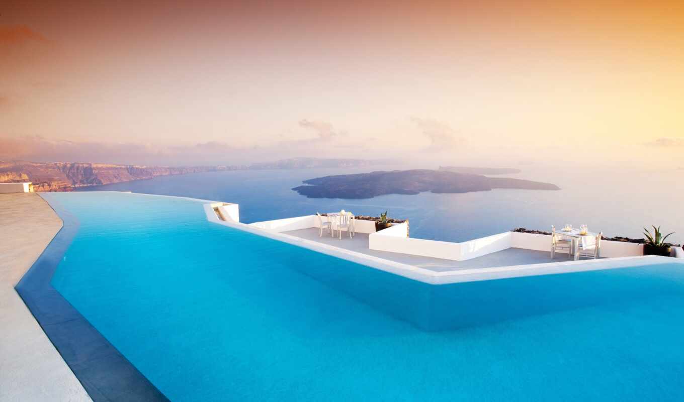 sunset, hotel, landscape, sea, swimming pool, island, greece, santorinit