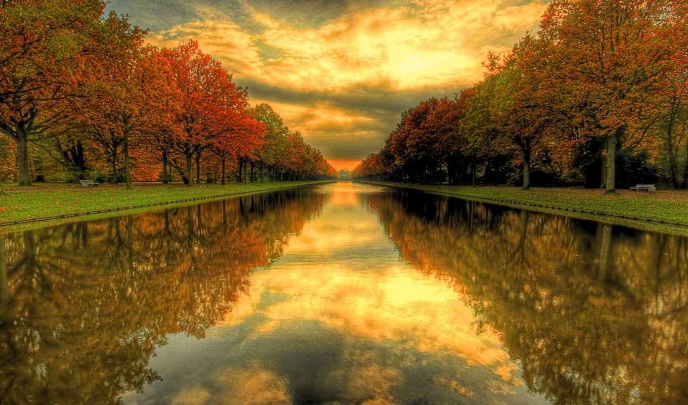 природа, небо, канал, water, осень, park, hdr, trees, скамейка, зеркальное