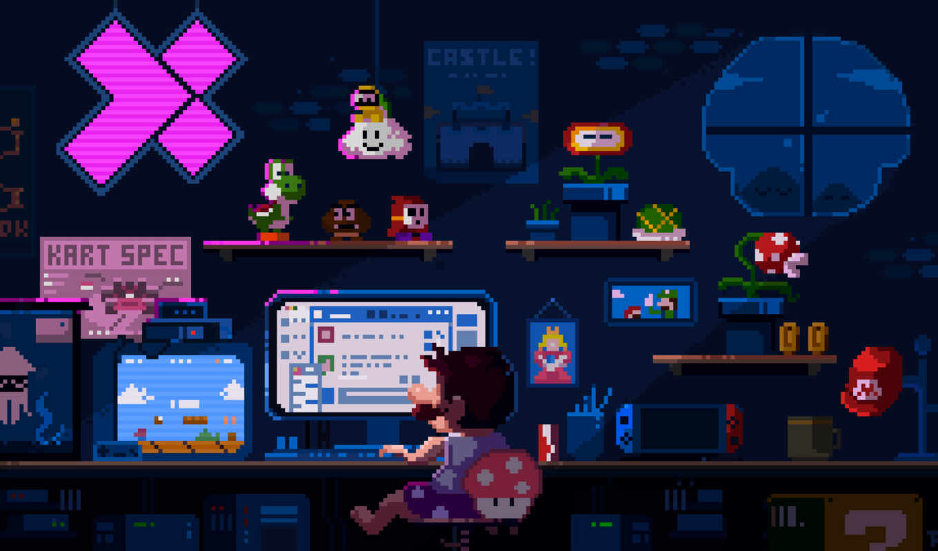 art, mobile, a computer, background, a laptop, anime, top, pixel, Mario, nintendo