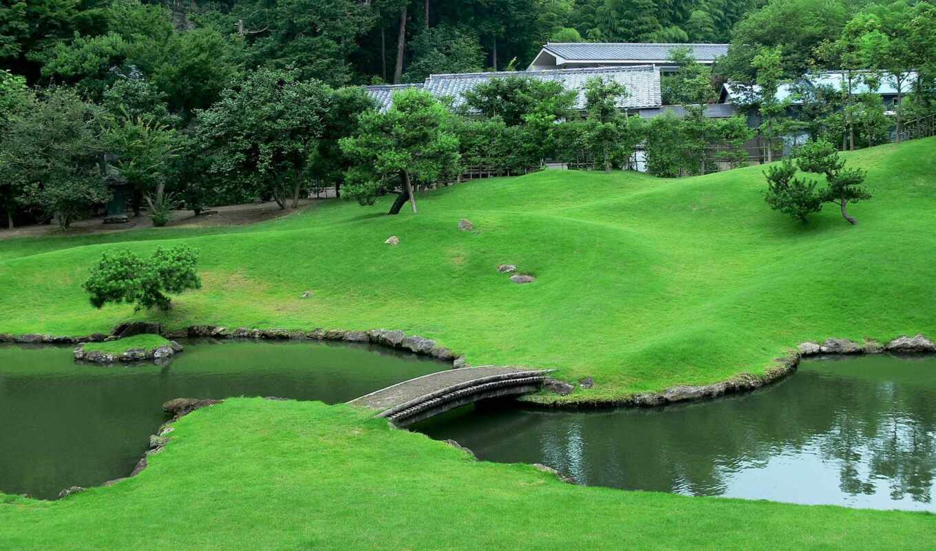 flowers, house, grass, Bridge, japanese, garden, pond, creek, lawn