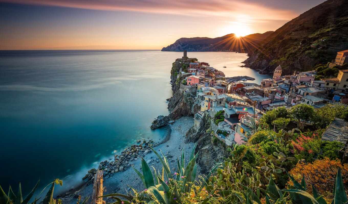 house, sunset, mountain, rock, sea, coast, italy, vernazza, five