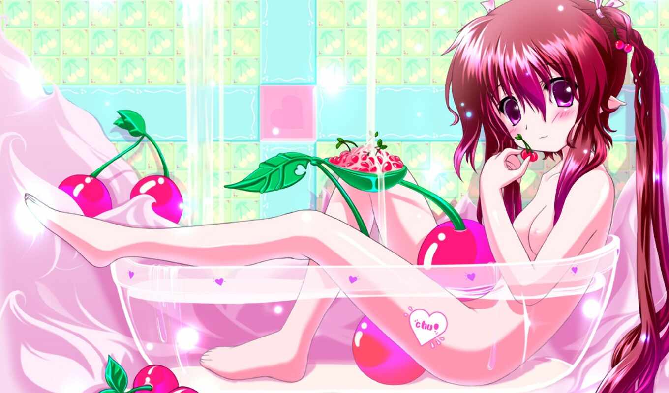 girl, anime, cherries, fruits, bath