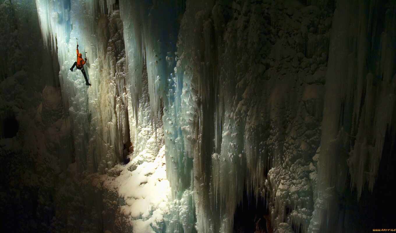 свет, лед, обстановка, спорт, гладь, rays, пещера, стены, пещере, climber, цель