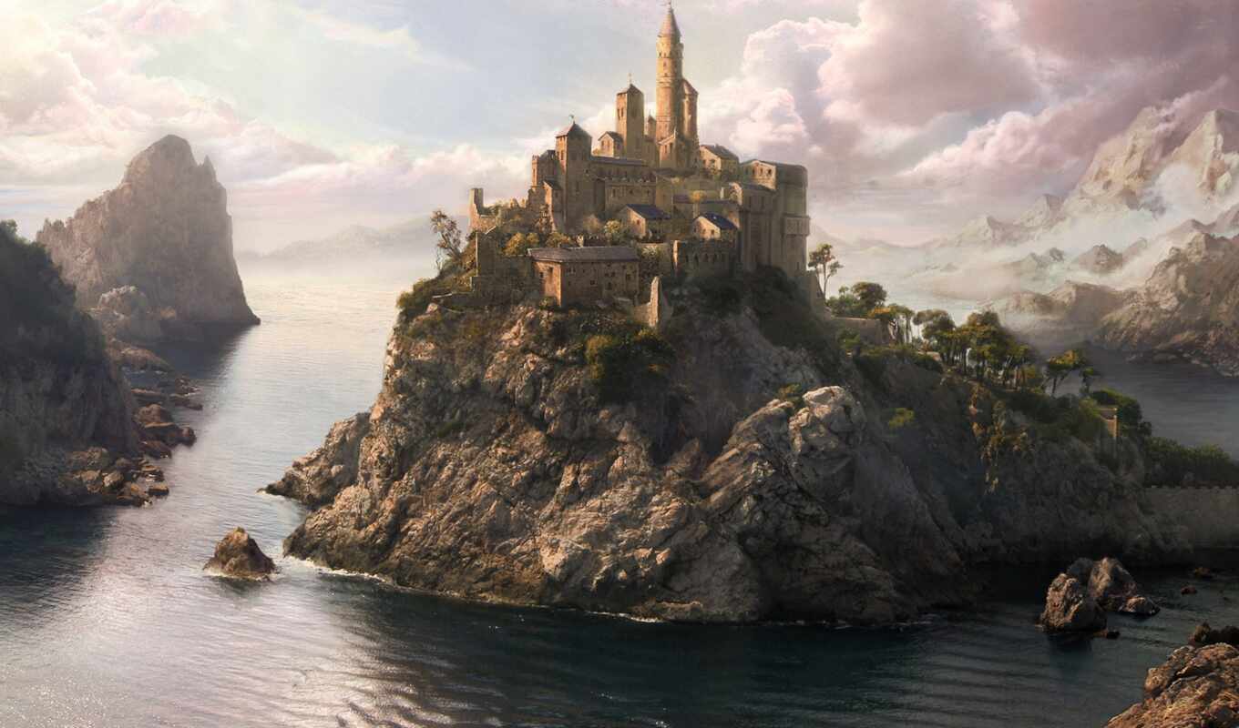 банка, castle, море, fantasy, скале, горы