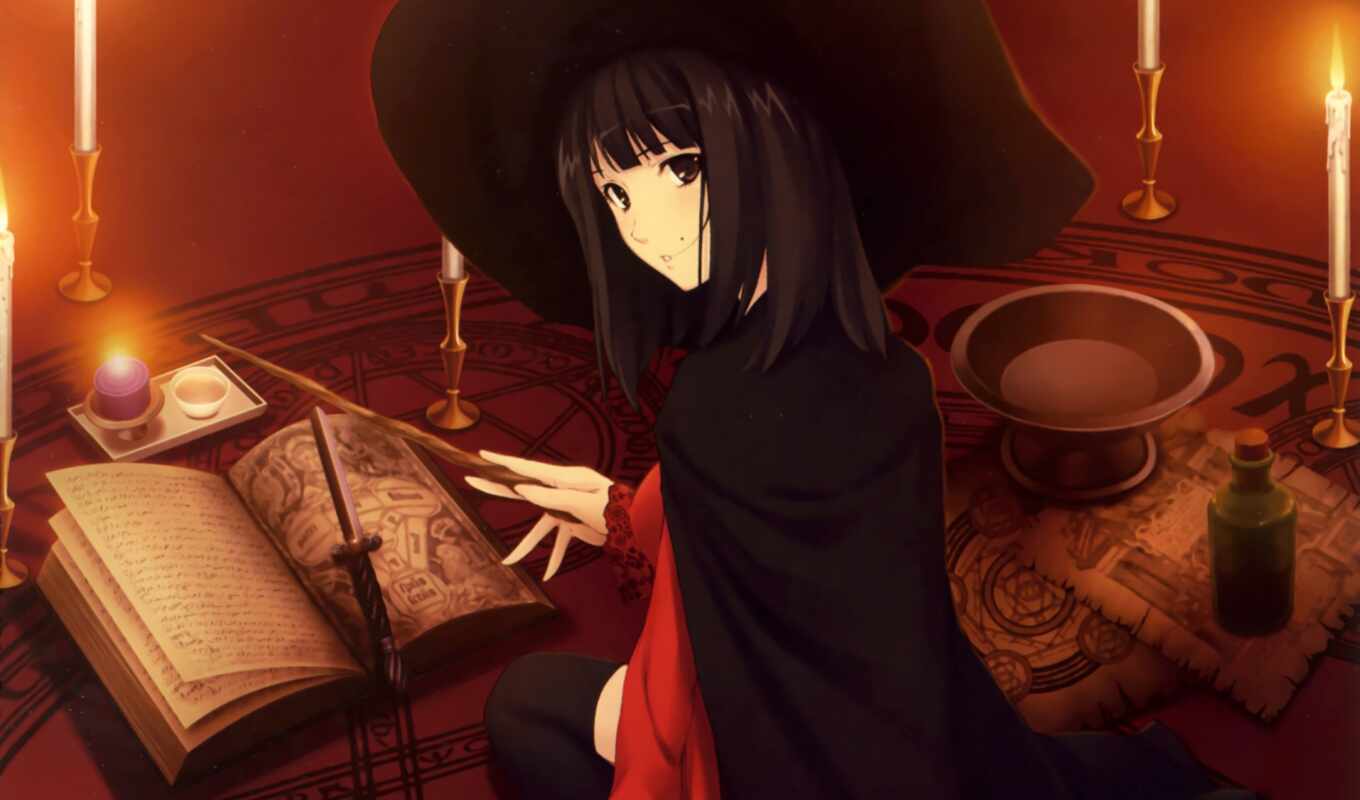 hat, art, girl, book, graphics, witch, stick