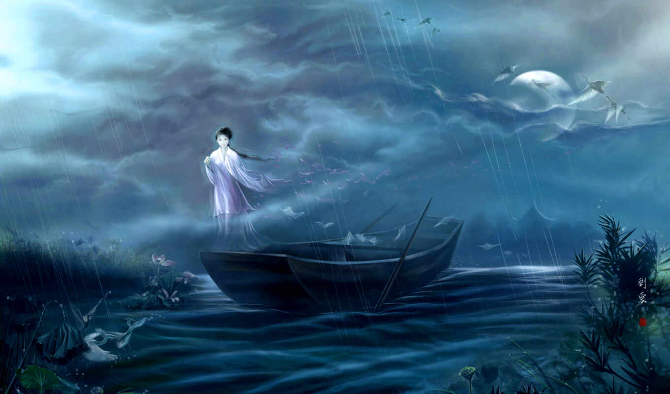girl, with, rain, moon, ghost, sky, i crooked, soaring, by boat, parity