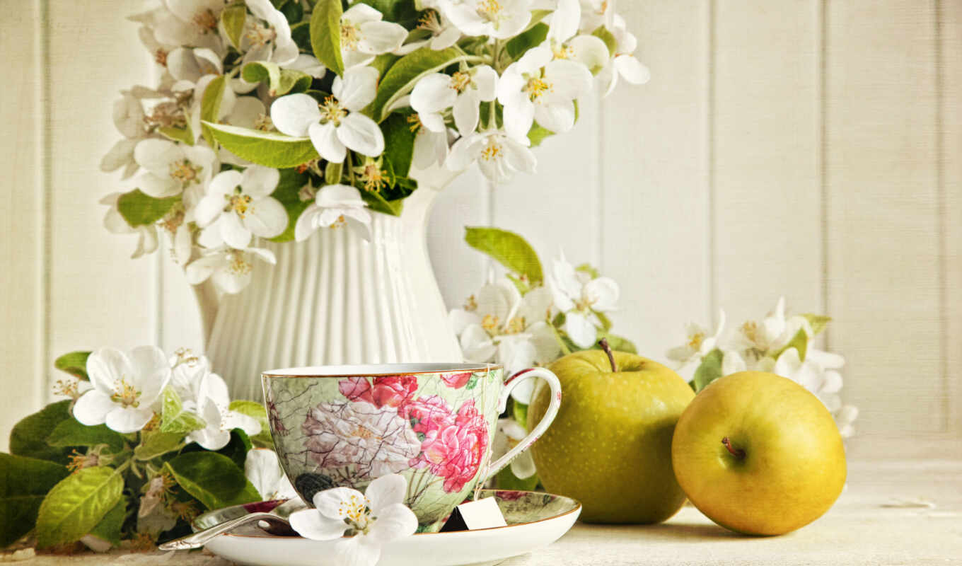цветы, еда, картинку, чашка, натюрморт, яблоки, чай, жасмин, кувшин