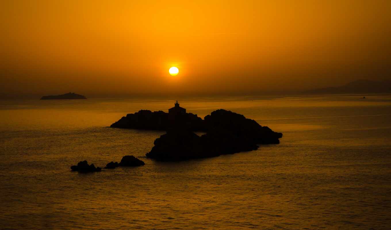 sunset, rocks, sea